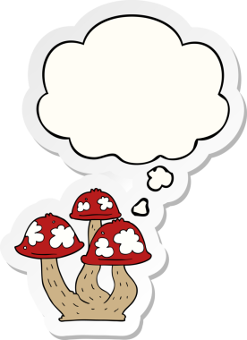 Düşünce baloncuklu mantarlar insan tarafından çizilmiş bir çıkartma.