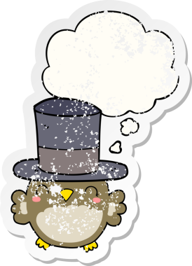 Düşünce baloncuklu silindir şapka takan baykuş dertli bir çıkartma gibi bir insan tarafından çizilmiş.