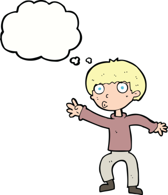 Çizgi filmci çocuk, bir insan tarafından çizilmiş düşünce balonuyla uyarı sallıyor.