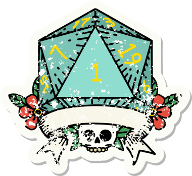 Bir insan tarafından çizilmiş doğal bir d20 zarının grunge çıkartması.