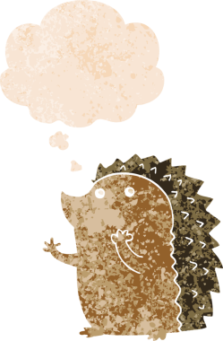 Düşünce baloncuğu ile çizgi film kirpisi grunge sıkıntılı retro dokuma bir insan tarafından çizilmiş