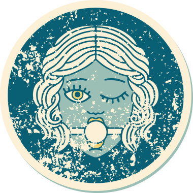 Bir insan tarafından çizilmiş top şakası takan, göz kırpan bir kadın yüzü.