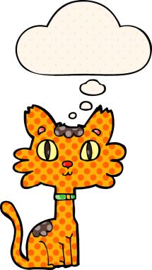 Çizgi roman tarzında düşünce baloncuğu olan çizgi film kedisi insan tarafından çizilmiş.