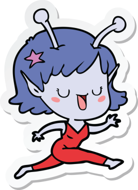 Bir insan tarafından çizilmiş mutlu uzaylı kız çizgi filminin çıkartması.