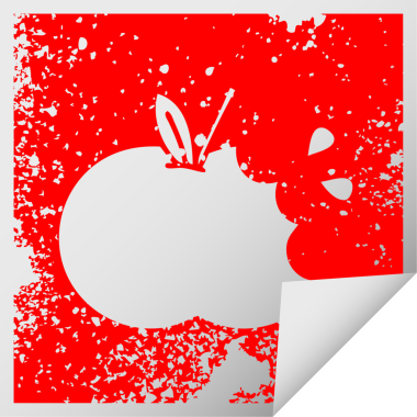 Bir insan tarafından çizilmiş sulu bir elmanın kare soyma etiketi.