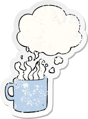 Düşünce baloncuklu çizgi film sıcak kahveyi insan tarafından çizilmiş yıpranmış bir çıkartma gibi düşün.
