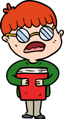 Çizgi filmci çocuk, bir insan tarafından çizilmiş gözlük takarak kitabı kucaklıyor.