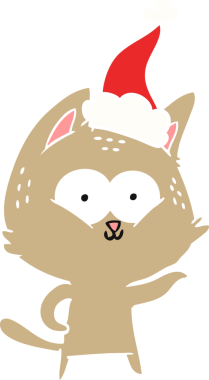 Bir insan tarafından çizilmiş Noel Baba şapkası takan bir kedinin düz renk çizimi.