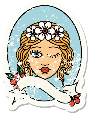 Üzerinde bir insan tarafından çizilmiş çiçek tacıyla süslenmiş bir bakirenin bayrağı olan eski bir etiket.