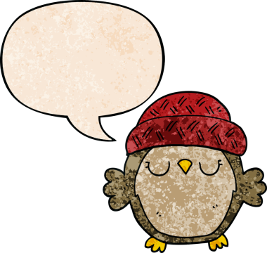 Bir insan tarafından çizilmiş eski moda konuşma baloncuğu olan şapkalı sevimli çizgi film baykuşu.