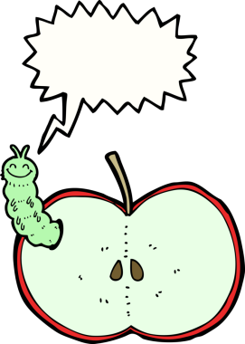 bir insan tarafından çizilmiş konuşma balonlu elma yiyen çizgi film böceği