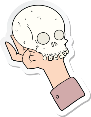 Bir insan tarafından çizilmiş kafatasını tutan bir karikatür elin çıkartması.