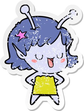 Bir insan tarafından çizilmiş mutlu uzaylı kız çizgi filminin sıkıntılı çıkartması.