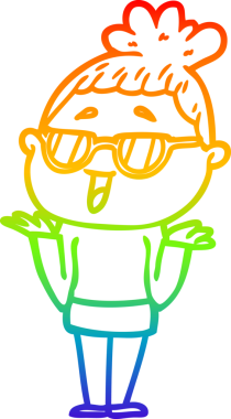 Bir insan tarafından çizilmiş gözlük takan mutlu bir kadının çizgi çizimi.