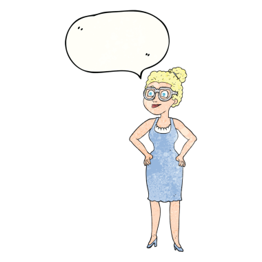 Bir insan tarafından çizilmiş gözlük takan serbest konuşma balonu desenli karikatür kadın.