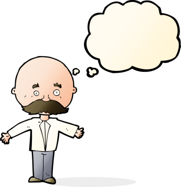 Bir insan tarafından çizilmiş düşünce baloncuklu bıyıklı çizgi film adamı.