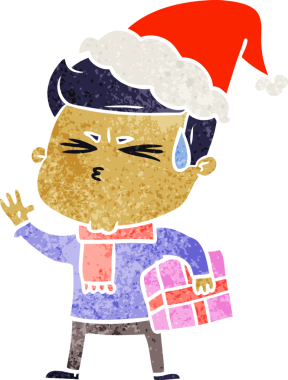 Bir insanın çizdiği Noel Baba şapkasıyla terleyen bir adamın el çizimi karikatürü.