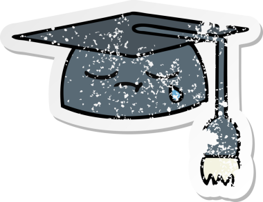 Bir insan tarafından çizilmiş şirin bir çizgi film mezuniyet şapkasının sıkıntılı çıkartması.