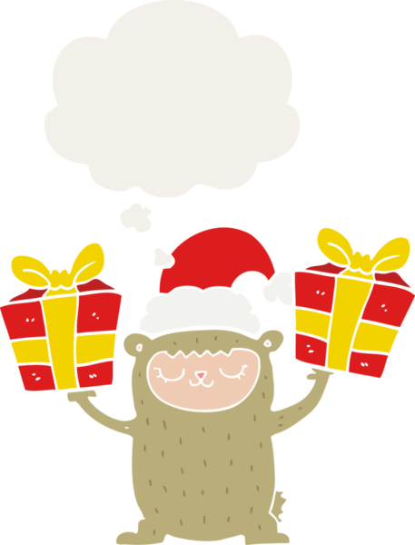 Düşünce baloncuğu olan bir insan tarafından çizilmiş bir çizgi film Noel ayısı.