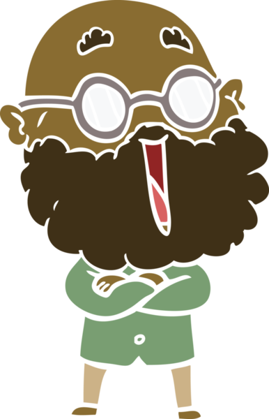 Düz renkli karikatür, neşeli, sakallı bir insan tarafından çizilmiş.