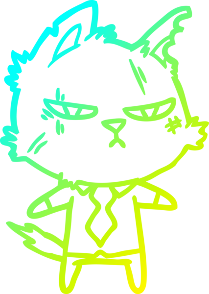 Bir insan tarafından çizilmiş, tişörtlü ve kravatlı sert bir çizgi film kedisinin çizimi.