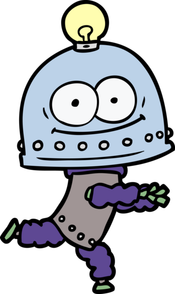 Bir insan tarafından çizilmiş ampullü mutlu karton robot.