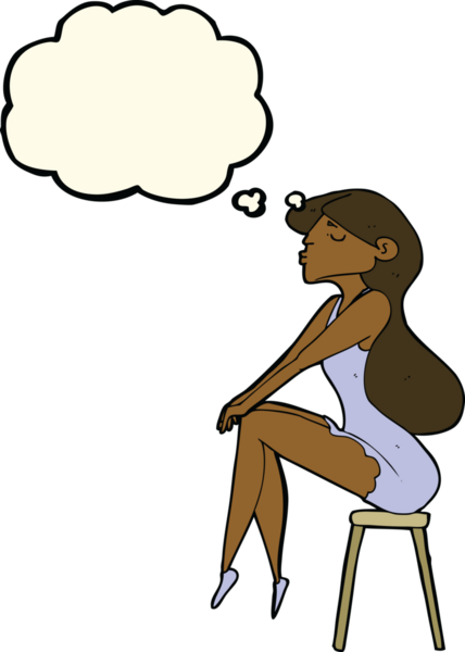 Bir insan tarafından çizilmiş düşünce baloncuğuyla taburede oturan karikatür kadın.