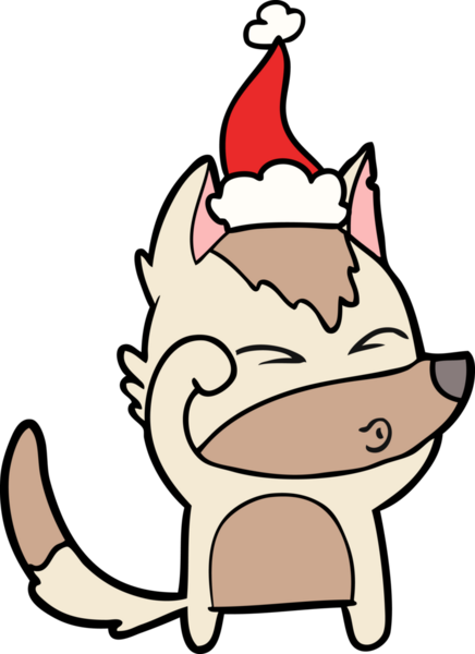 Bir insanın çizdiği Noel Baba şapkasıyla somurtan bir kurdun el çizimi.