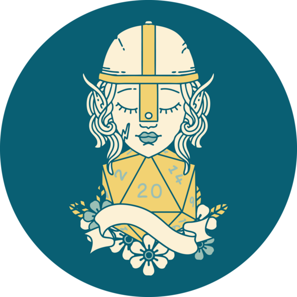 Retro Tattoo stili elf dövüşçüsü. Bir insan tarafından çizilmiş 20 zar ile.