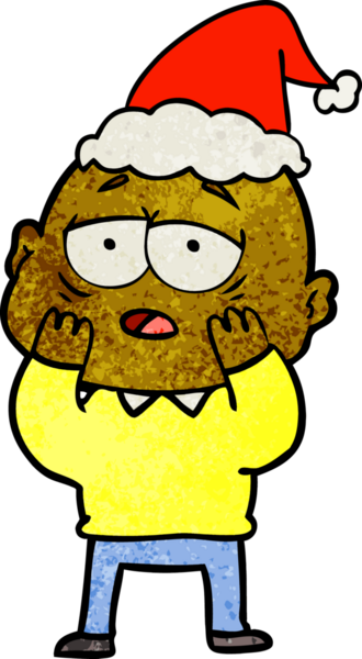 Bir insan tarafından çizilmiş Noel Baba şapkası takan yorgun kel bir adamın el çizimi karikatürü.