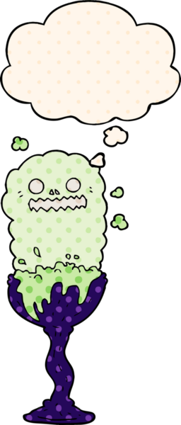 Çizgi roman tarzında bir insan tarafından çizilmiş düşünce baloncuğu olan tuhaf cadılar bayramı iksiri bardağı.