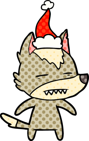 Bir insan tarafından çizilmiş Noel Baba şapkası giymiş bir kurdun el çizimi çizgi roman çizimi.