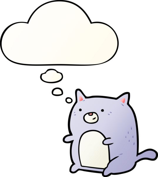 Bir insan tarafından çizilmiş yumuşak eğimli düşünce baloncuklu çizgi film kedisi.