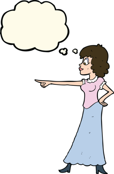 Bir insan tarafından çizilen düşünce baloncuğuyla işaret eden çizgi film kadını.