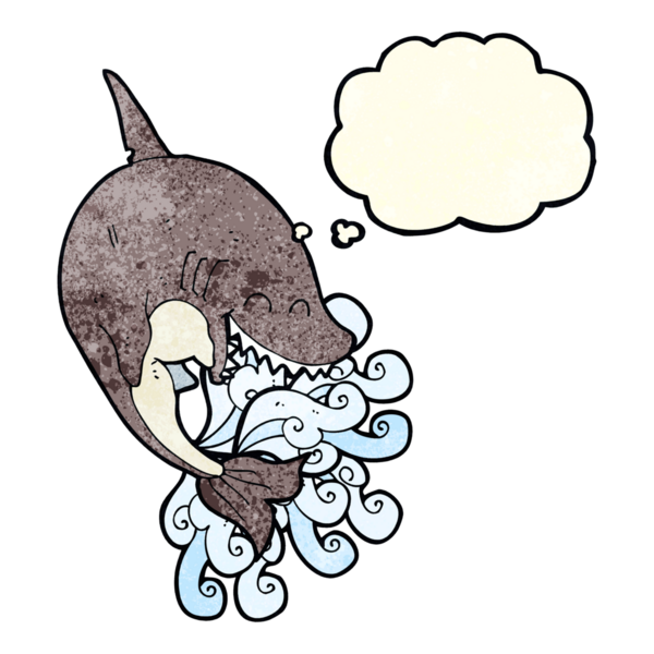 Bir insan tarafından çizilmiş düşünce baloncuklu çizgi film köpekbalığı.
