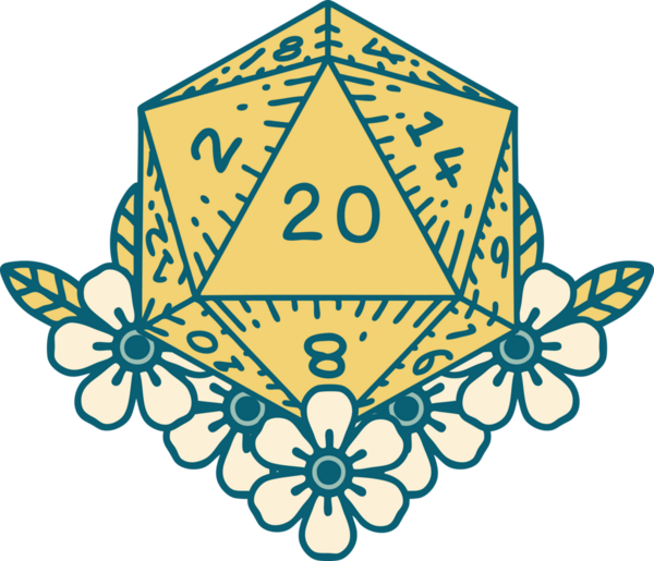 Retro Dövme Biçimi Doğal 20 D20 zar bir insan tarafından çizilmiş çiçek elementleriyle