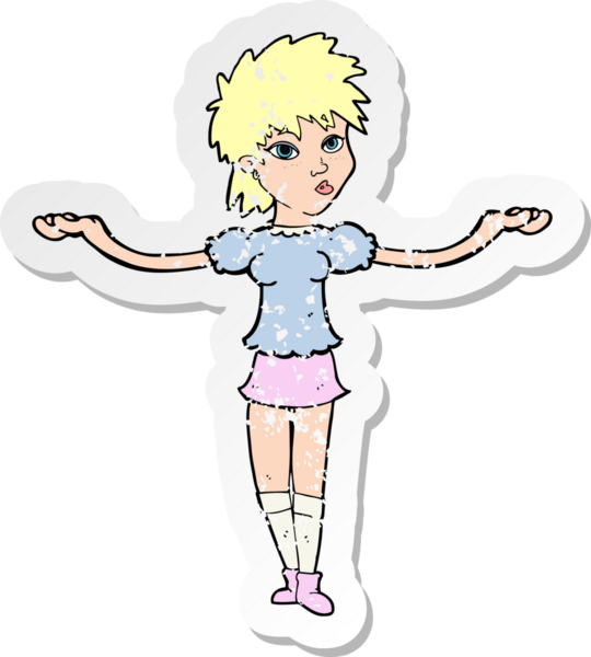 Bir insan tarafından çizilmiş omuzlarını silken karikatürlü bir kadının gerilmiş çıkartması.