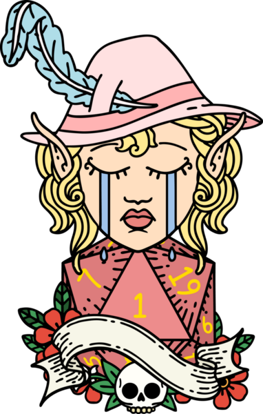 Retro Dövme Tarzı Ağlayan Elf karakter yüzü Bir insan tarafından çizilen d20 zar ile