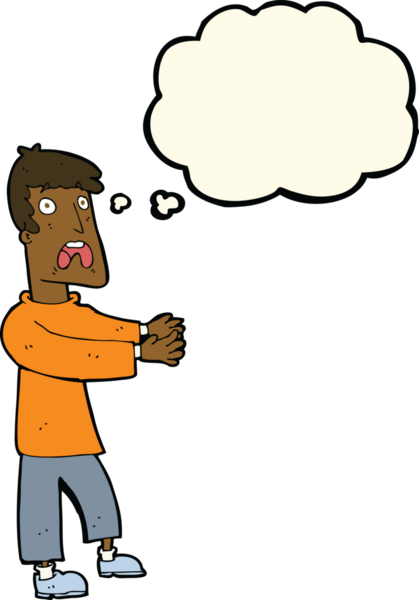 Bir insan tarafından çizilmiş düşünce baloncuğuyla dehşete düşmüş bir adam.