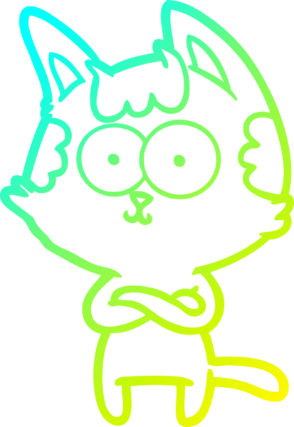 Bir insan tarafından çapraz kollar çizilmiş mutlu bir çizgi film kedisinin çizimi.