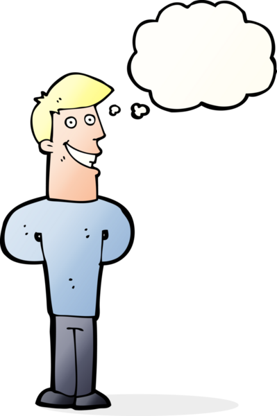 Bir insan tarafından çizilmiş düşünce baloncuğu ile sırıtan çizgi film adamı.