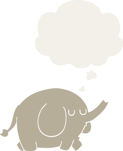 Düşünce baloncuğu olan karikatür fili insan tarafından çizilmiş.