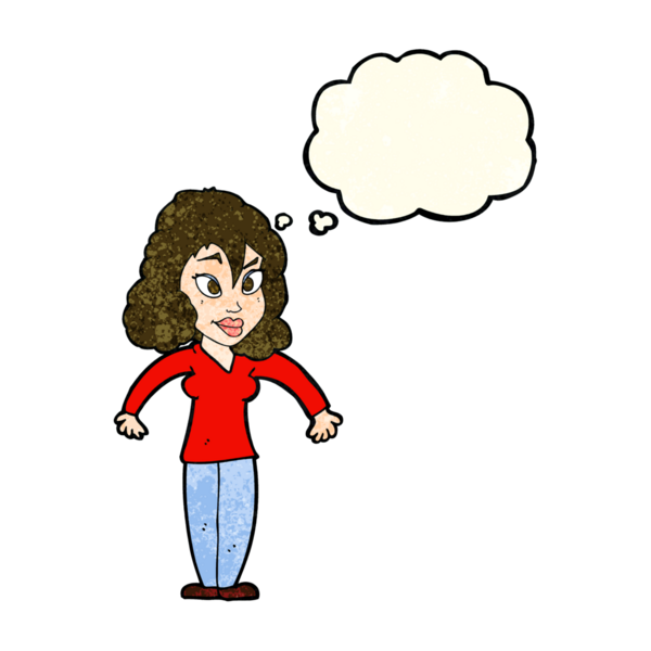 Bir insan tarafından çizilmiş düşünce baloncuğuyla omuz silken çizgi film kadını.