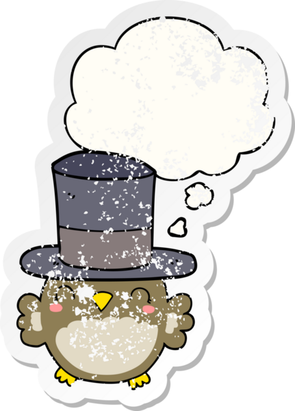 Düşünce baloncuklu silindir şapka takan baykuş dertli bir çıkartma gibi bir insan tarafından çizilmiş.