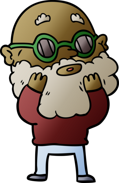 Bir insan tarafından çizilmiş sakallı ve güneş gözlüklü meraklı bir adam.