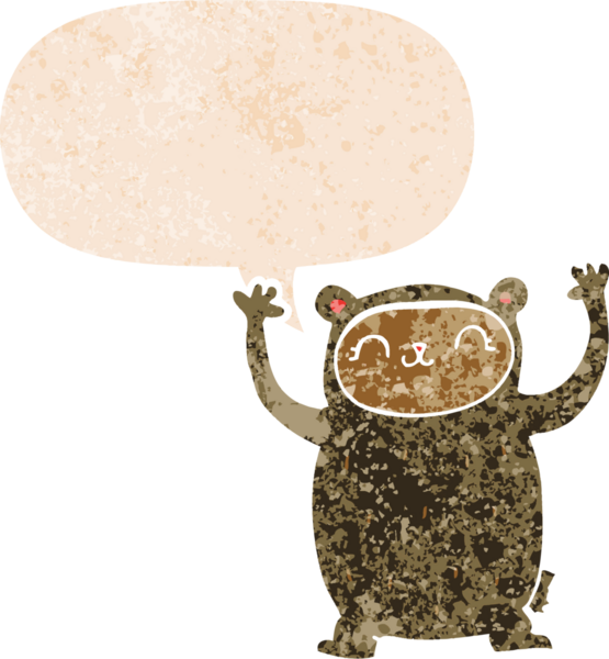 Bir insan tarafından çizilmiş grunge sıkıntılı retro biçimli konuşma baloncuğu ile sevimli çizgi film ayısı