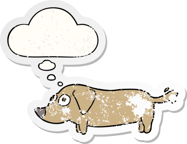 Düşünce baloncuğu olan çizgi film köpeği insan tarafından çizilmiş yıpranmış bir çıkartma gibi.