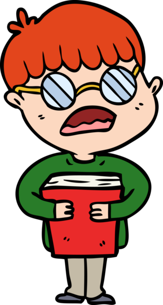 Çizgi filmci çocuk, bir insan tarafından çizilmiş gözlük takarak kitabı kucaklıyor.