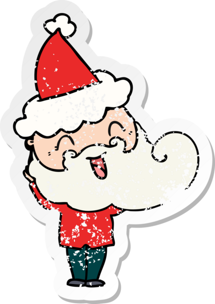 Bir insan tarafından çizilmiş Noel Baba şapkası giyen mutlu sakallı adam.