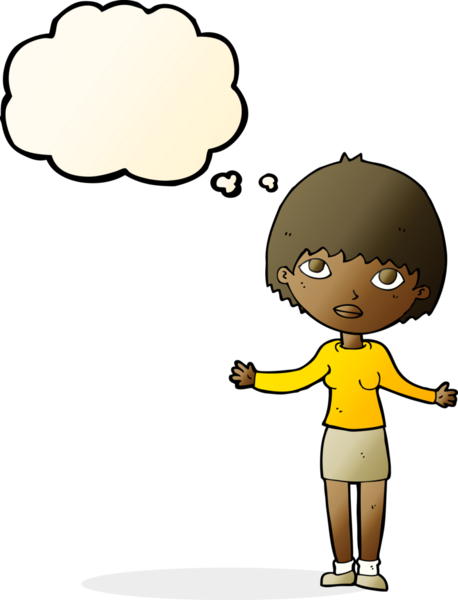 Bir insan tarafından çizilmiş düşünce baloncuğuyla omuz silken çizgi film kadını.